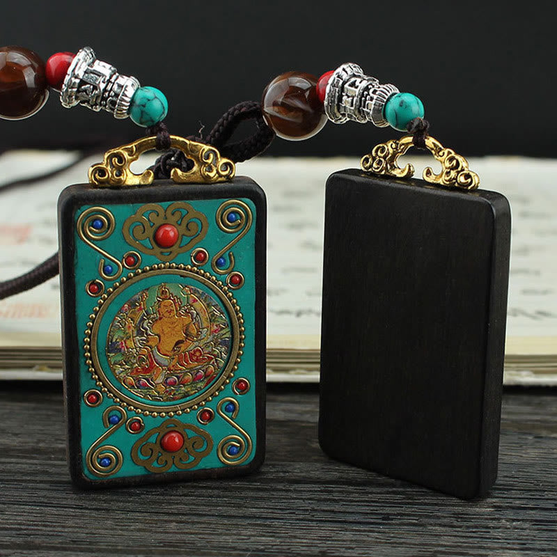 Buddha Stones Tibet Dio della Ricchezza Albero dei Soldi Fenice Dorata Thangka Ebano Collana Pendente della Pace