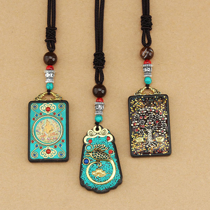 Buddha Stones Tibet Dio della Ricchezza Albero dei Soldi Fenice Dorata Thangka Ebano Collana Pendente della Pace