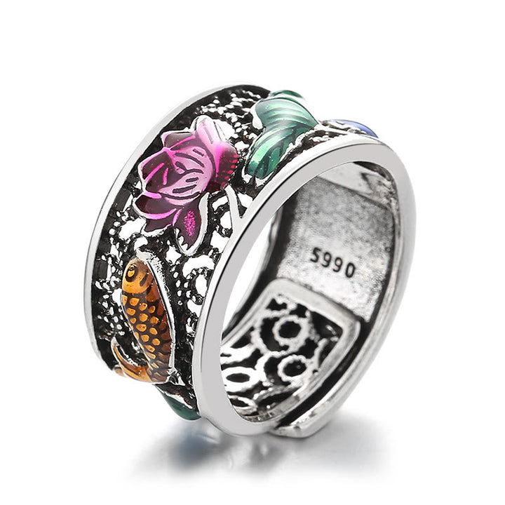 Anello portafortuna con pesce koi Buddha Stones in rame e smalto blu con cuore di loto Sutra