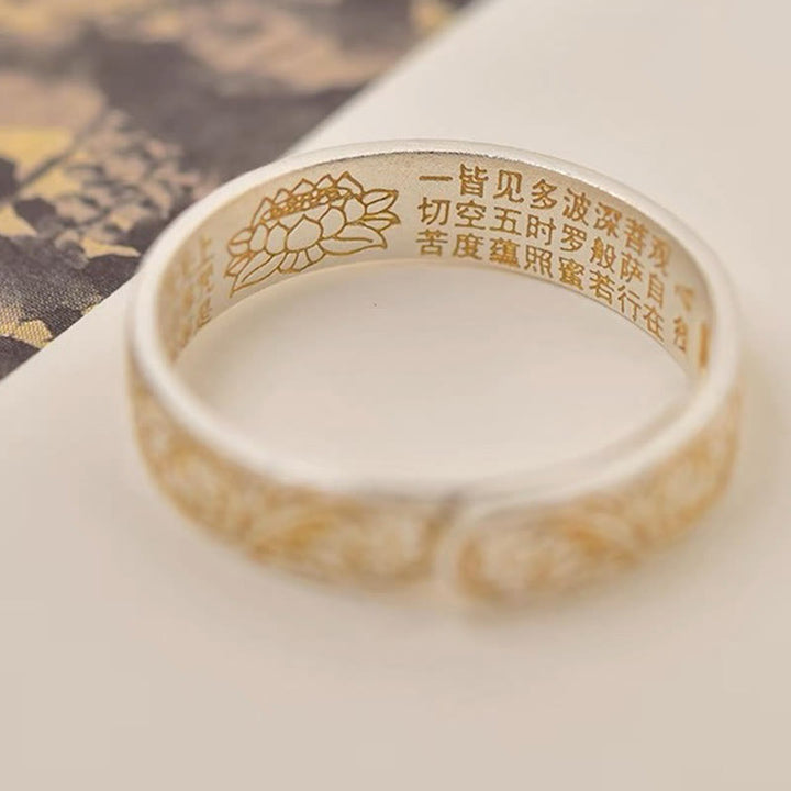 Anello Buddha Stone 999 Sterling Silver dipinto in oro con motivo floreale gioioso e cuore pacifico Sutra
