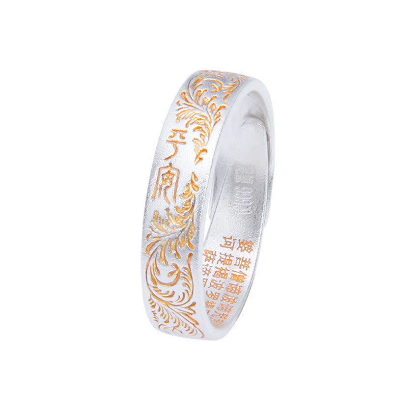 Anello Buddha Stone 999 Sterling Silver dipinto in oro con motivo floreale gioioso e cuore pacifico Sutra