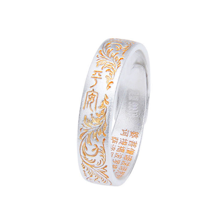 Anello Buddha Stone 999 Sterling Silver dipinto in oro con motivo floreale gioioso e cuore pacifico Sutra