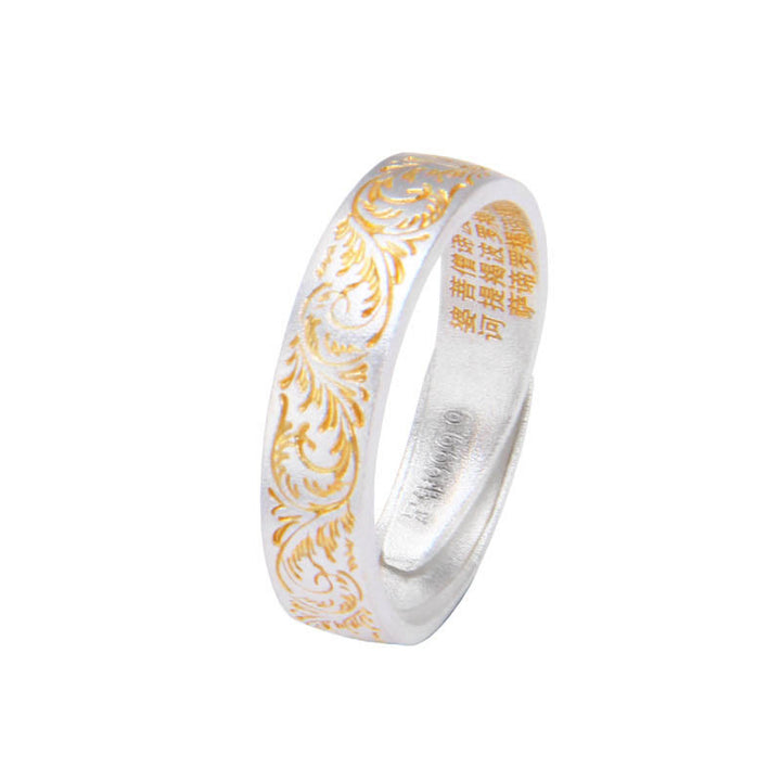 Anello Buddha Stone 999 Sterling Silver dipinto in oro con motivo floreale gioioso e cuore pacifico Sutra
