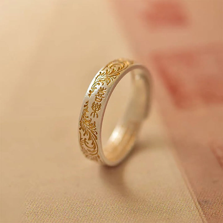 Anello Buddha Stone 999 Sterling Silver dipinto in oro con motivo floreale gioioso e cuore pacifico Sutra