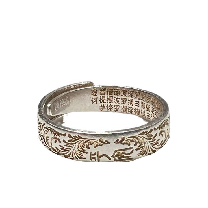 Anello Buddha Stone 999 Sterling Silver dipinto in oro con motivo floreale gioioso e cuore pacifico Sutra