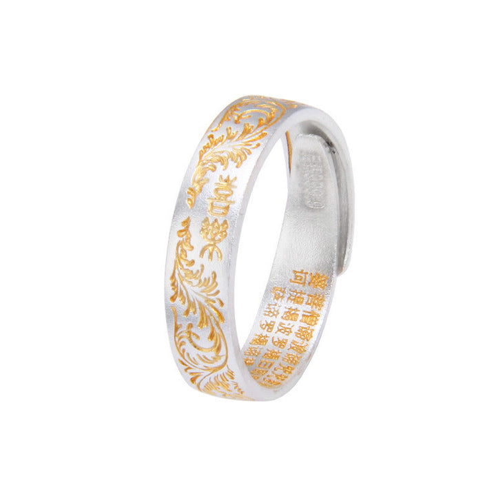 Anello Buddha Stone 999 Sterling Silver dipinto in oro con motivo floreale gioioso e cuore pacifico Sutra
