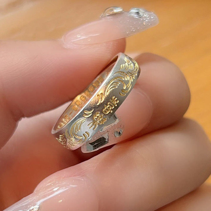 Anello Buddha Stone 999 Sterling Silver dipinto in oro con motivo floreale gioioso e cuore pacifico Sutra