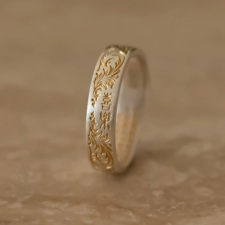 Anello Buddha Stone 999 Sterling Silver dipinto in oro con motivo floreale gioioso e cuore pacifico Sutra