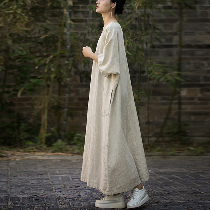 Abito midi in lino ramiè con scollo a V e maniche corte, tinta unita, con tasche , Buddha Stones - image 7