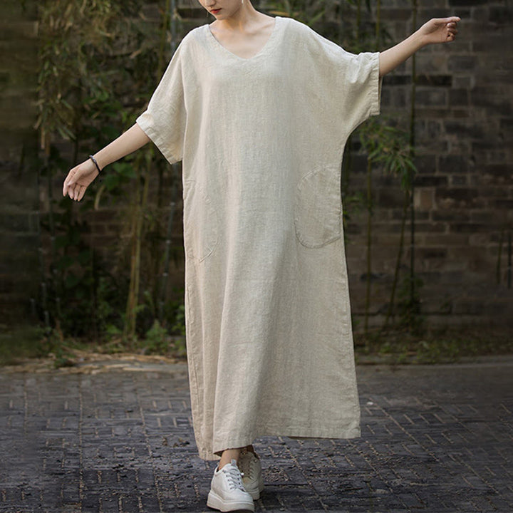 Abito midi in lino ramiè con scollo a V e maniche corte, tinta unita, con tasche , Buddha Stones - image 1