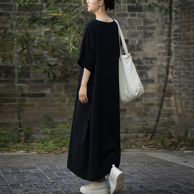 Abito midi in lino ramiè con scollo a V e maniche corte, tinta unita, con tasche , Buddha Stones - image 17