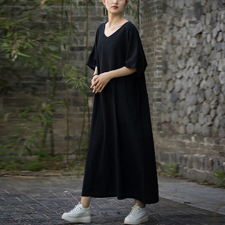 Abito midi in lino ramiè con scollo a V e maniche corte, tinta unita, con tasche , Buddha Stones - image 14