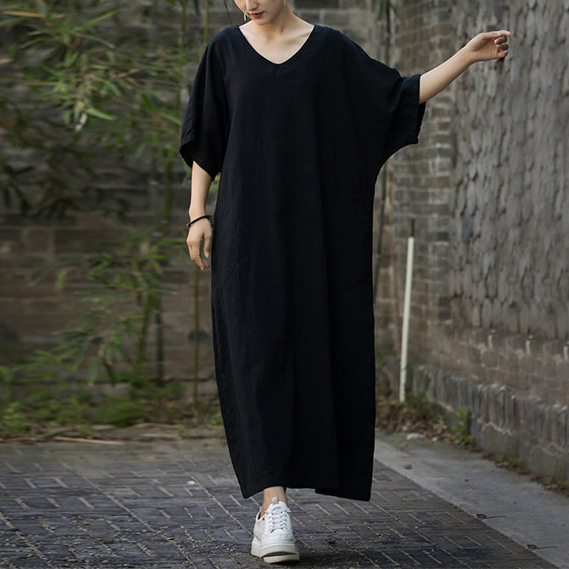 Abito midi in lino ramiè con scollo a V e maniche corte, tinta unita, con tasche , Buddha Stones - image 11