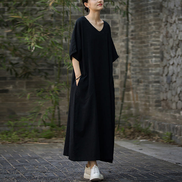 Abito midi in lino ramiè con scollo a V e maniche corte, tinta unita, con tasche , Buddha Stones - image 13