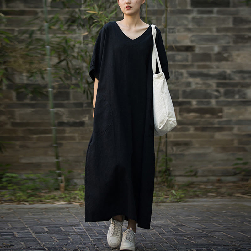 Abito midi in lino ramiè con scollo a V e maniche corte, tinta unita, con tasche , Buddha Stones - Nero - F (adatto per US4; UK/AU8; EU36-46) - image 10