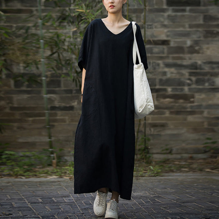 Abito midi in lino ramiè con scollo a V e maniche corte, tinta unita, con tasche , Buddha Stones - Nero - F (adatto per US4; UK/AU8; EU36-46) - image 10