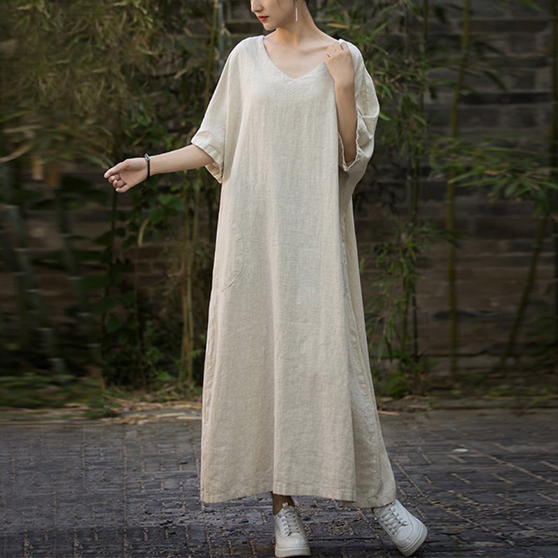 Abito midi in lino ramiè con scollo a V e maniche corte, tinta unita, con tasche , Buddha Stones - image 9