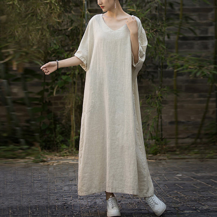 Abito midi in lino ramiè con scollo a V e maniche corte, tinta unita, con tasche , Buddha Stones - image 9