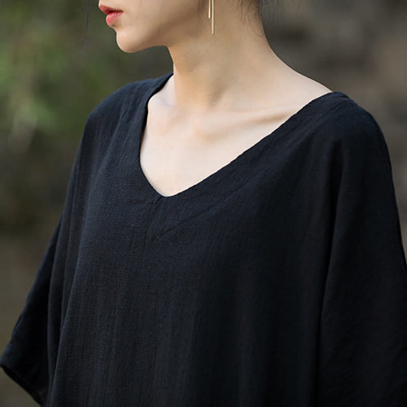 Abito midi in lino ramiè con scollo a V e maniche corte, tinta unita, con tasche , Buddha Stones - image 15