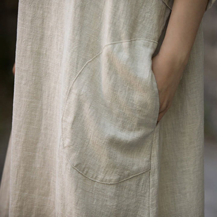Abito midi in lino ramiè con scollo a V e maniche corte, tinta unita, con tasche , Buddha Stones - image 4