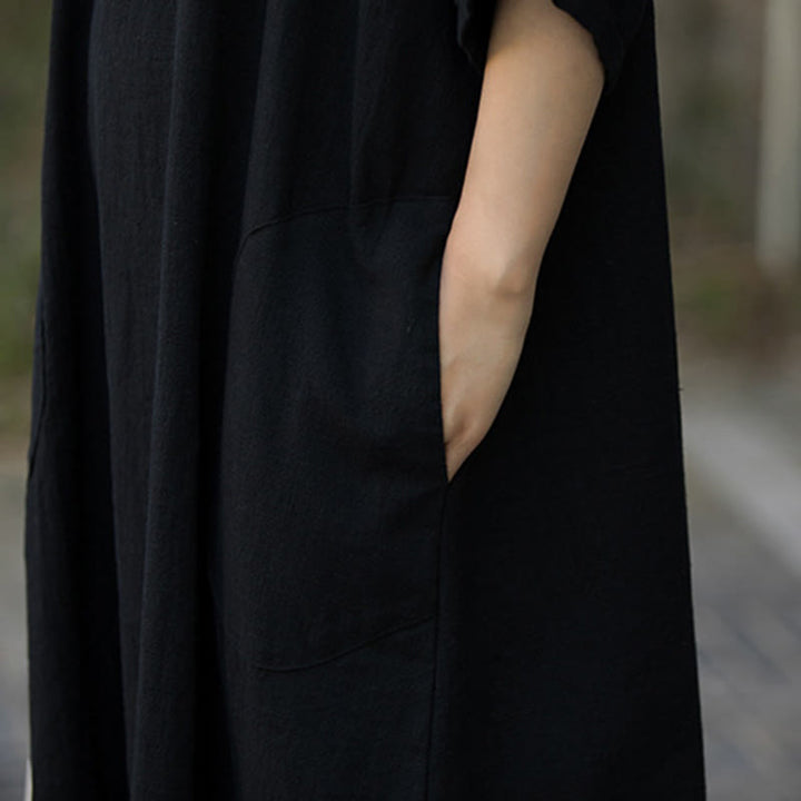 Abito midi in lino ramiè con scollo a V e maniche corte, tinta unita, con tasche , Buddha Stones - image 16