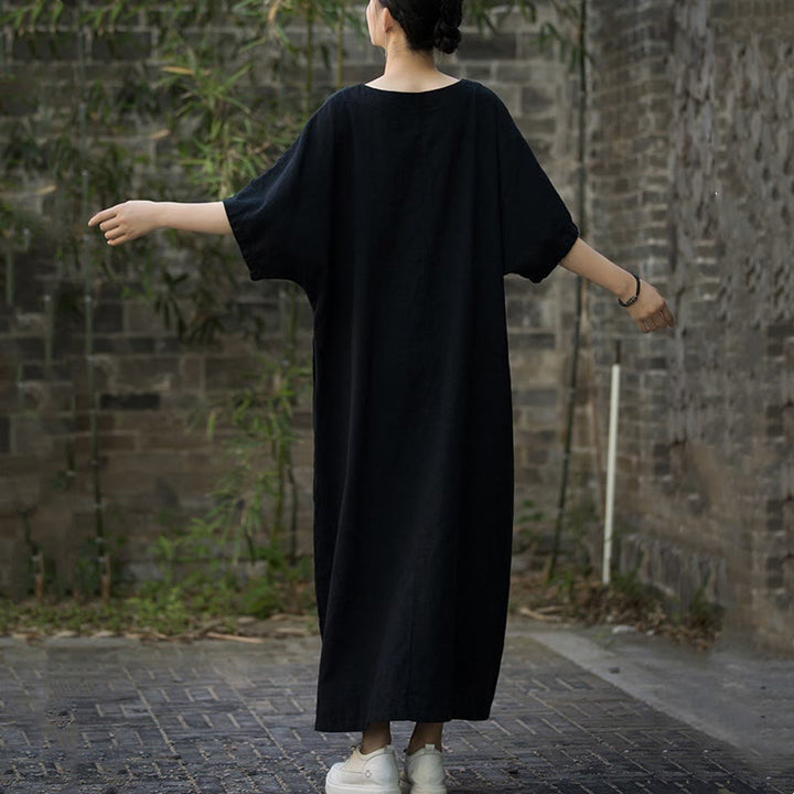 Abito midi in lino ramiè con scollo a V e maniche corte, tinta unita, con tasche , Buddha Stones - image 12