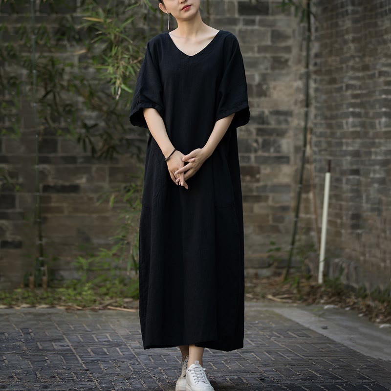 Abito midi in lino ramiè con scollo a V e maniche corte, tinta unita, con tasche , Buddha Stones - image 18