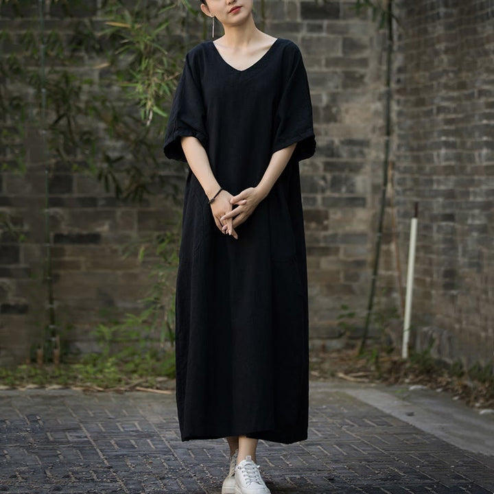 Abito midi in lino ramiè con scollo a V e maniche corte, tinta unita, con tasche , Buddha Stones - image 18