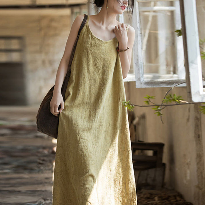 Vestito midi in lino tie-dye fatto a mano con spalline sottili e motivo a canotta Buddha Stones - LemonChiffon - F (adatto per US4/10; UK/AU8/14; EU36-40/42) - image 0