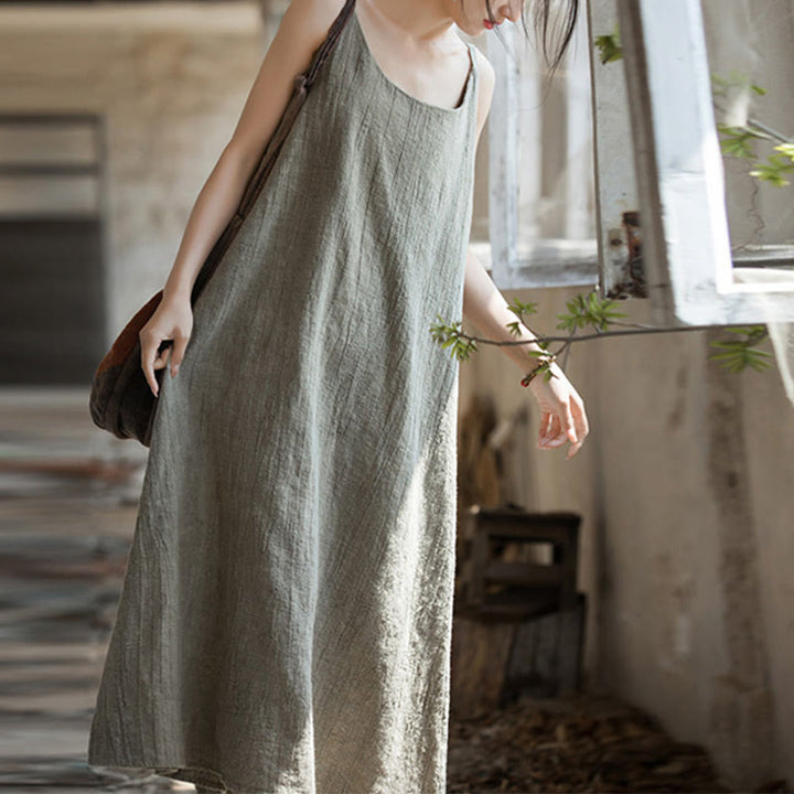 Vestito midi in lino tie-dye fatto a mano con spalline sottili e motivo a canotta Buddha Stones