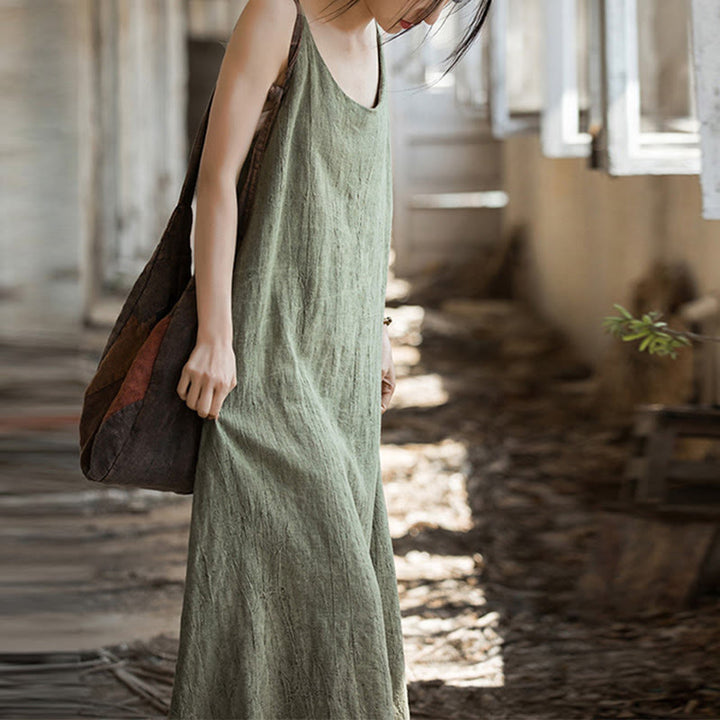 Vestito midi in lino tie-dye fatto a mano con spalline sottili e motivo a canotta Buddha Stones