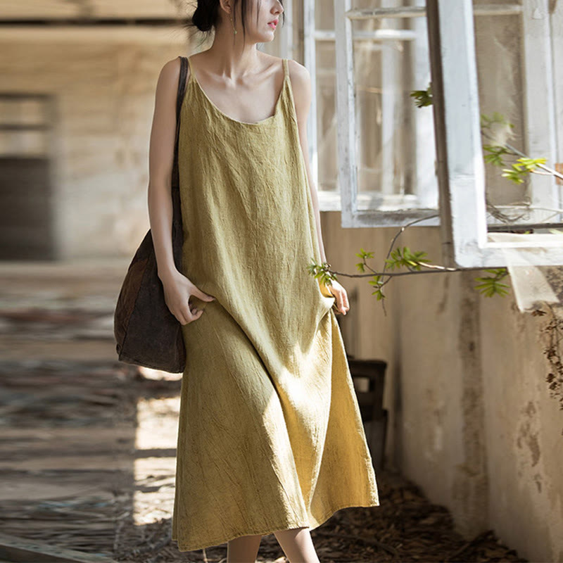 Vestito midi in lino tie-dye fatto a mano con spalline sottili e motivo a canotta Buddha Stones