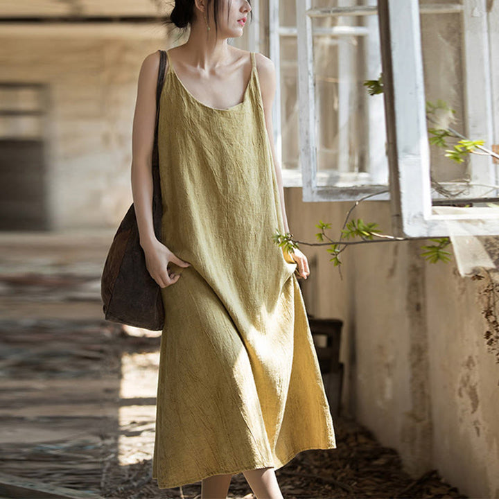 Vestito midi in lino tie-dye fatto a mano con spalline sottili e motivo a canotta Buddha Stones