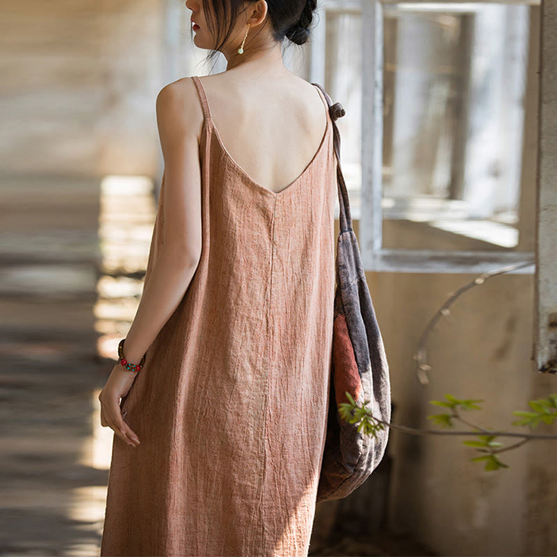 Vestito midi in lino tie-dye fatto a mano con spalline sottili e motivo a canotta Buddha Stones