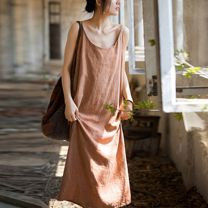 Vestito midi in lino tie-dye fatto a mano con spalline sottili e motivo a canotta Buddha Stones