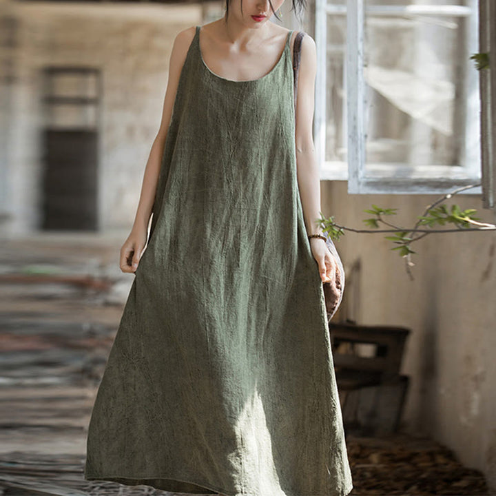 Vestito midi in lino tie-dye fatto a mano con spalline sottili e motivo a canotta Buddha Stones