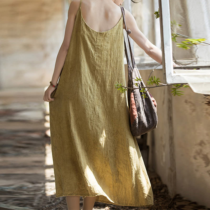 Vestito midi in lino tie-dye fatto a mano con spalline sottili e motivo a canotta Buddha Stones