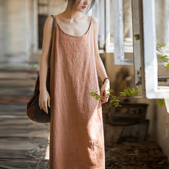 Vestito midi in lino tie-dye fatto a mano con spalline sottili e motivo a canotta Buddha Stones