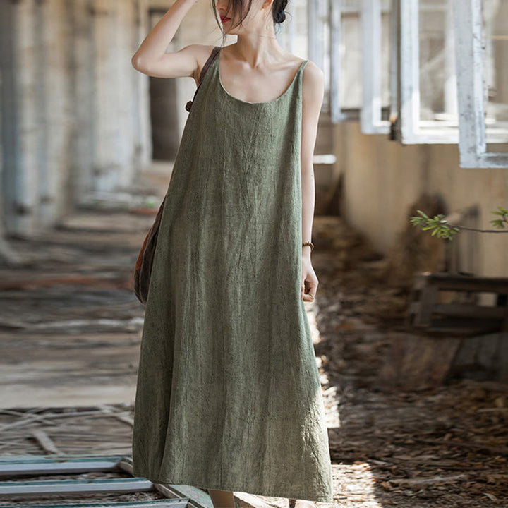 Vestito midi in lino tie-dye fatto a mano con spalline sottili e motivo a canotta Buddha Stones