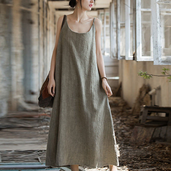 Vestito midi in lino tie-dye fatto a mano con spalline sottili e motivo a canotta Buddha Stones