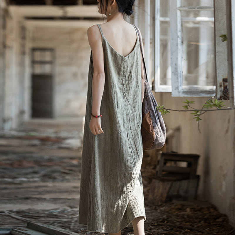 Vestito midi in lino tie-dye fatto a mano con spalline sottili e motivo a canotta Buddha Stones