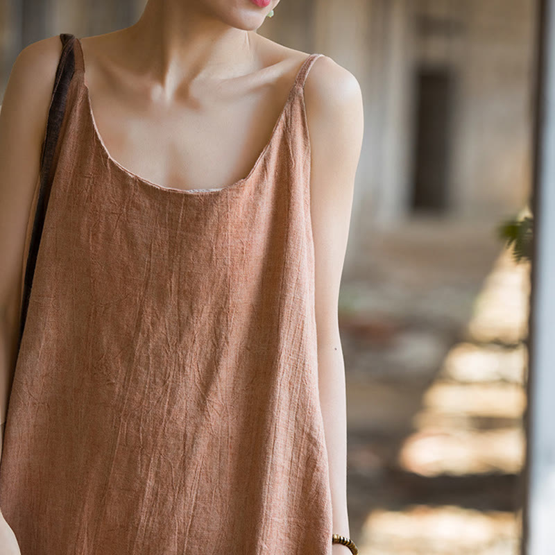 Vestito midi in lino tie-dye fatto a mano con spalline sottili e motivo a canotta Buddha Stones