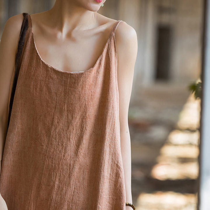 Vestito midi in lino tie-dye fatto a mano con spalline sottili e motivo a canotta Buddha Stones
