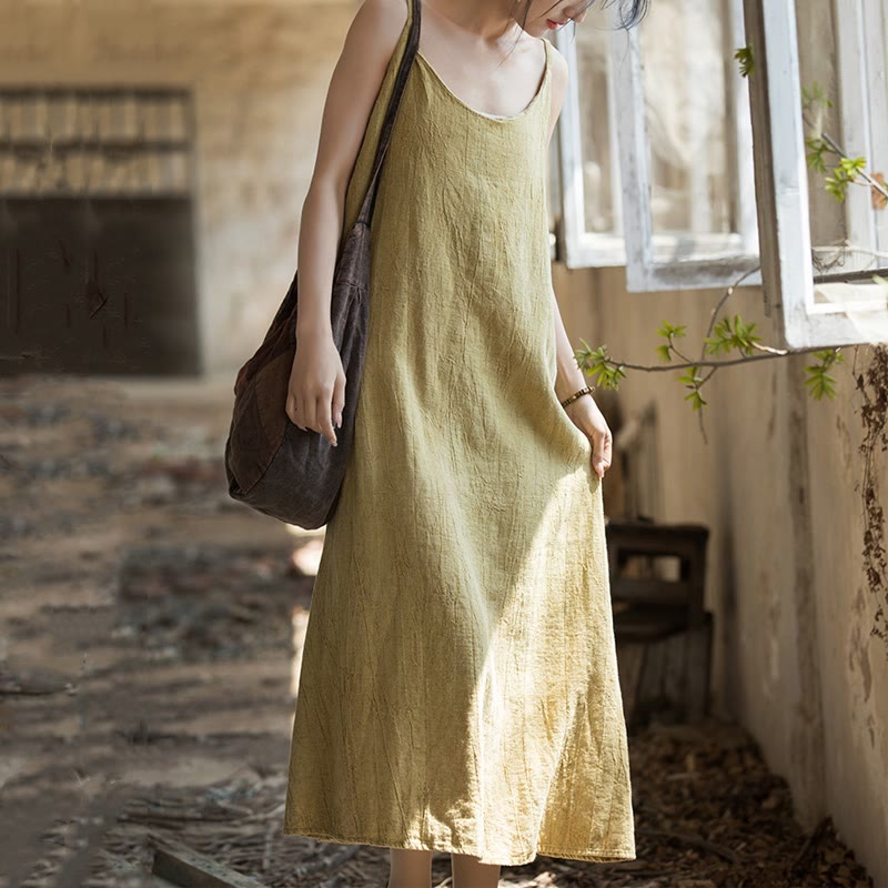Vestito midi in lino tie-dye fatto a mano con spalline sottili e motivo a canotta Buddha Stones
