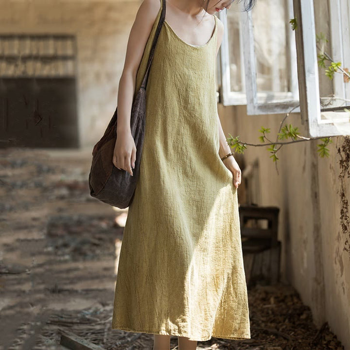 Vestito midi in lino tie-dye fatto a mano con spalline sottili e motivo a canotta Buddha Stones