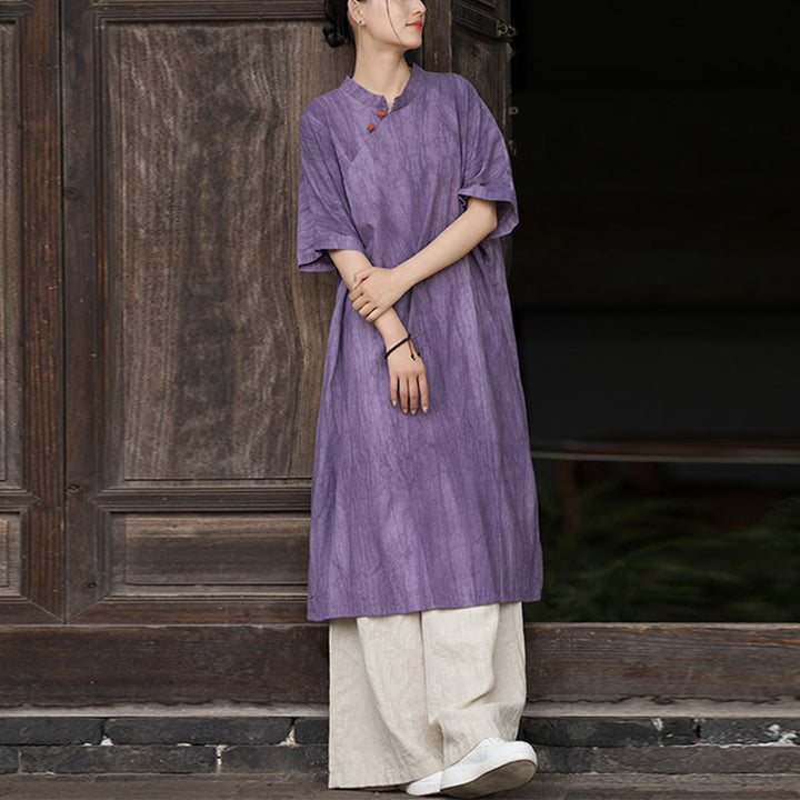 Abito da donna a maniche corte sotto il ginocchio con tasche, in ramia e lino, tinto a mano con motivo Buddha Stones. - Abito viola e pantaloni color kaki - US4, UK/AU8, EU36-38 (F) - image 0
