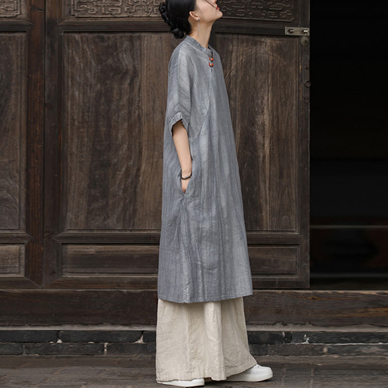 Buddha Stones Vestito midi in lino ramiè tie-dye fatto a mano, pantaloni a gamba larga con tasche