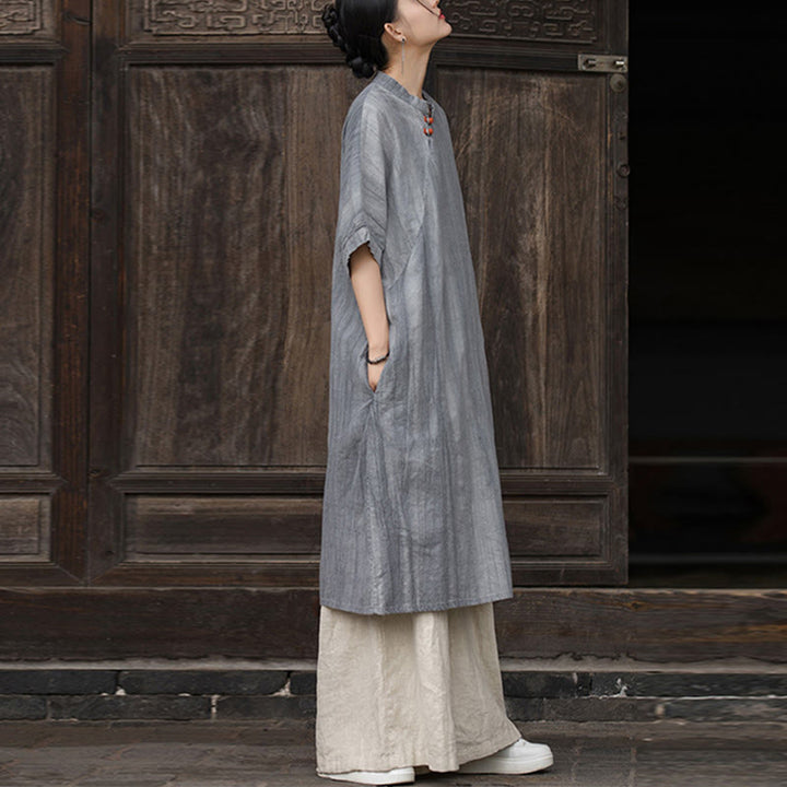 Buddha Stones Vestito midi in lino ramiè tie-dye fatto a mano, pantaloni a gamba larga con tasche