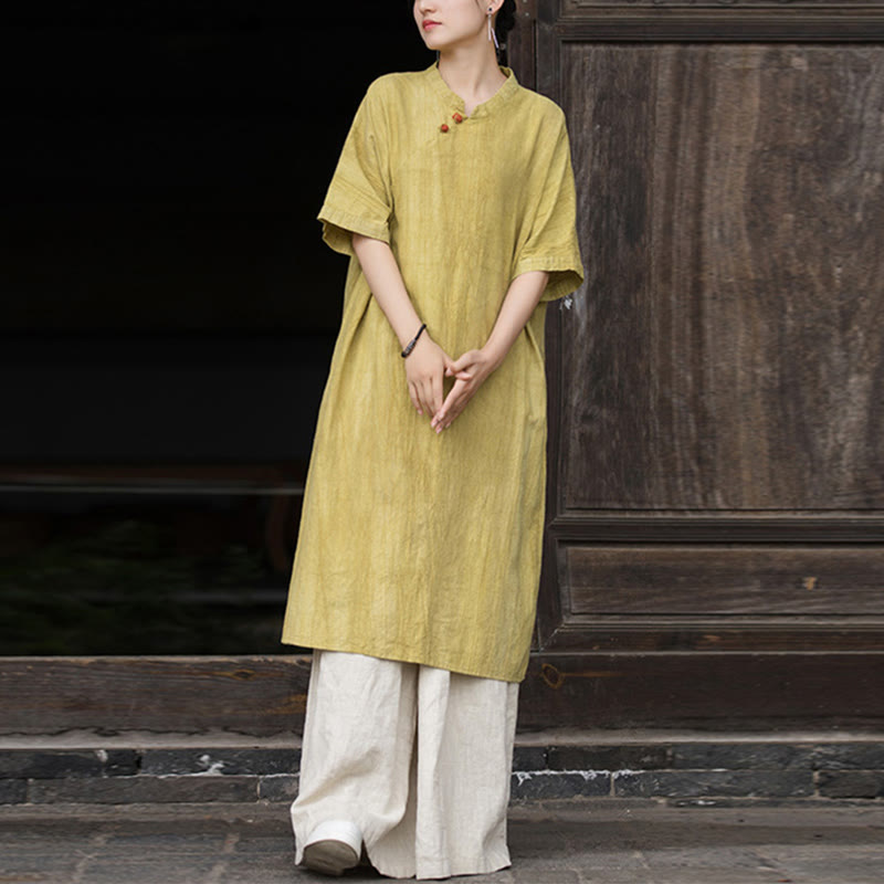 Buddha Stones Vestito midi in lino ramiè tie-dye fatto a mano, pantaloni a gamba larga con tasche - image 6