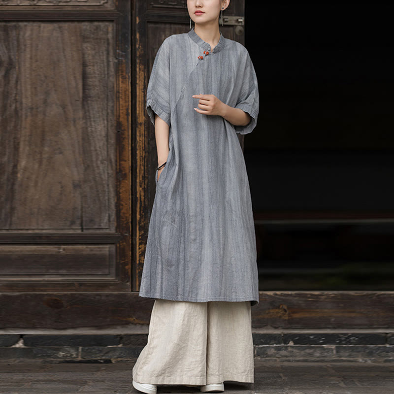 Abito da donna a maniche corte sotto il ginocchio con tasche, in ramia e lino, tinto a mano con motivo Buddha Stones. - Abito grigio e pantaloni color kaki - US4, UK/AU8, EU36-38 (F) - image 12